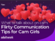 Graphic with red heart illustrations on a purple background and the text ‘What to talk about on cam: Flirty Communication Tips for Cam Girls’ with AdultWork branding.