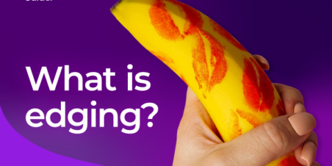 Hand holding a banana covered in lipstick kisses beside the words what is edging?