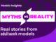 Graphic with the headline “Models Insights: Myths vs Reality” and subheading “Real stories from adultwork models” on a purple background with question marks.
