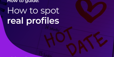 Graphic with the headline “How to spot real profile” and subheading “How to Guide” on a purple background with red hearts.
