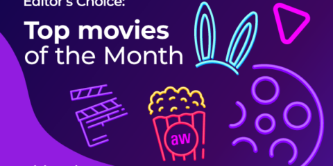 Editor’s Choice cover graphic featuring “Top Movies of the Month” text on a purple gradient background, with neon-style illustrations of a popcorn bucket, film clapperboard, bunny ears, and abstract shapes, plus the Adultwork logo in the corner.