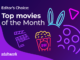 Editor’s Choice cover graphic featuring “Top Movies of the Month” text on a purple gradient background, with neon-style illustrations of a popcorn bucket, film clapperboard, bunny ears, and abstract shapes, plus the Adultwork logo in the corner.